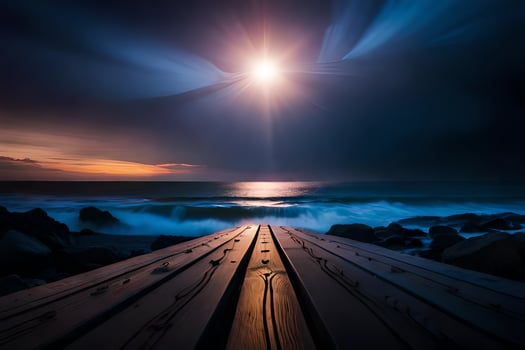 a wooden dock with the sun shining over the ocean. AI-Generated photo