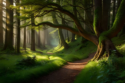 a path through a green forest with trees and grass. AI-Generated photo
