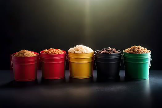five colorful buckets with different types of food. AI-Generated photo