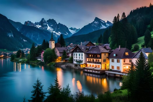 photo wallpaper mountains, the night, lake, house, house, the mountains, the lake,. AI-Generated