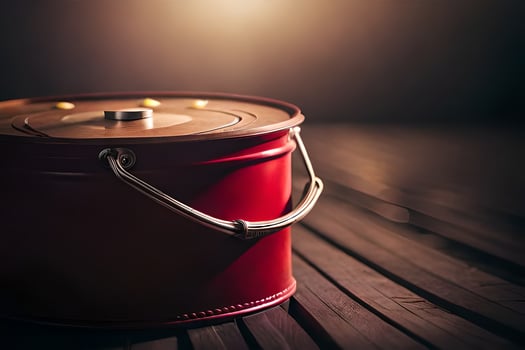a red tin can on a wooden table. AI-Generated photo