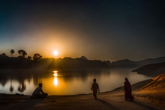 three people stand on the shore of a lake at sunset. AI-Generated photo