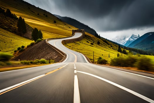 a winding road in the mountains with a stormy sky. AI-Generated photo