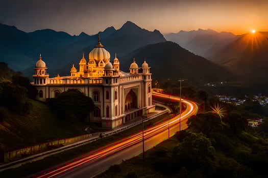 the sun sets over a beautiful building in the mountains. AI-Generated photo