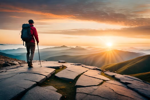 the man with backpack and trekking poles standing on the top of the mountain at sunset. AI-Generated photo
