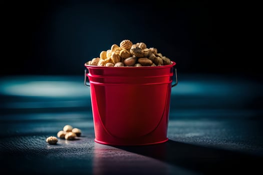 a red bucket filled with peanuts on a dark table. AI-Generated photo