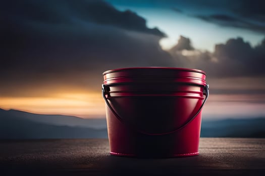 a red bucket sitting on a table with a sunset in the background. AI-Generated photo