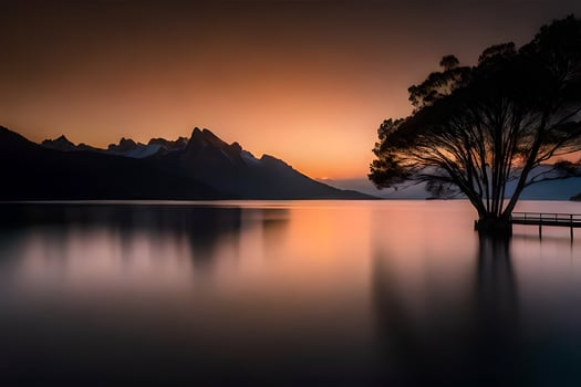 a tree stands on the shore of a lake at sunset. AI-Generated photo