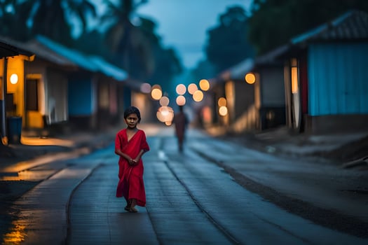 a young boy in red walking down a street at night. AI-Generated photo