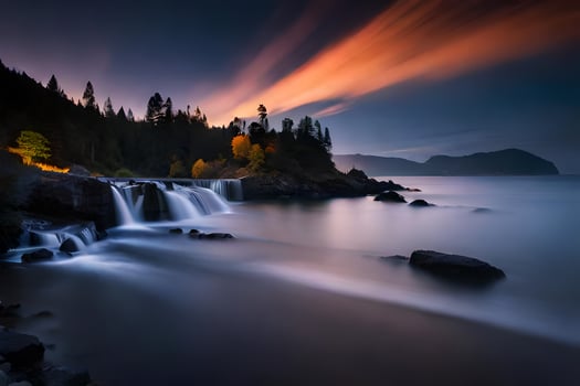 a waterfall flows over rocks at night. AI-Generated photo
