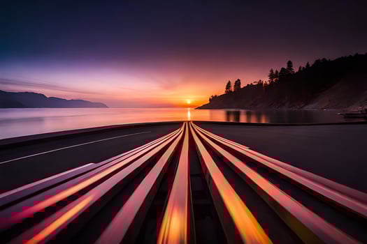 a long exposure photograph of a train track on the beach. AI-Generated photo