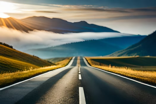 the sun shines over a road in the mountains. AI-Generated photo