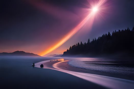 a beautiful sunset over the ocean with a bright light shining down. AI-Generated photo