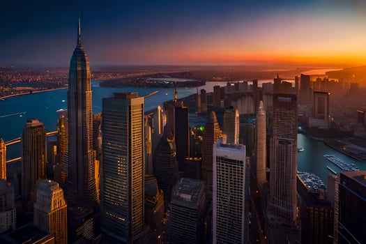 the sun sets over the city skyline in new york. AI-Generated photo