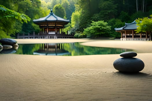 a stone sits on the sand near a pond. AI-Generated photo
