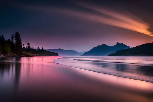 a sunset over a lake and mountains. AI-Generated photo