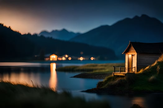 photo wallpaper the sky, mountains, lake, house, the night, the lake, the mountains. AI-Generated