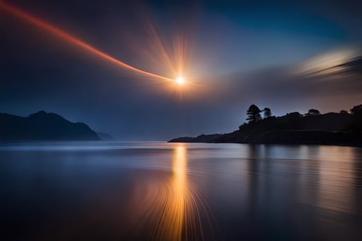 a beautiful sunset over a lake with a mountain in the background. AI-Generated photo