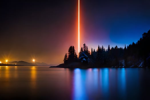 a long line of light is reflected in the water. AI-Generated photo