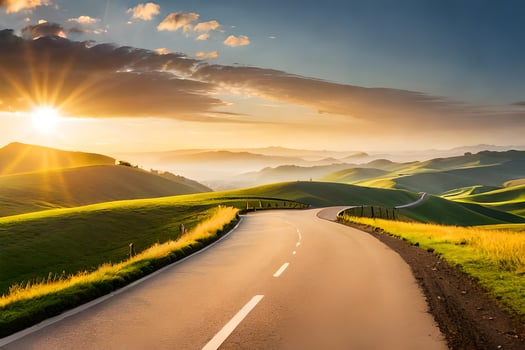 a road in the mountains with the sun setting. AI-Generated photo