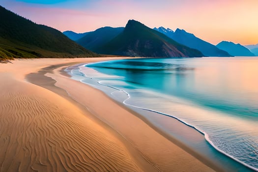 a beautiful beach with waves and mountains at sunset. AI-Generated photo