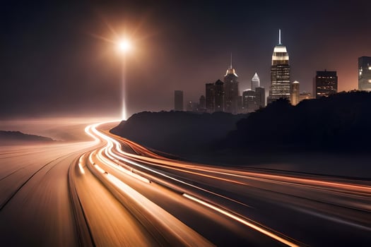 a long exposure photograph of a city skyline at night. AI-Generated photo