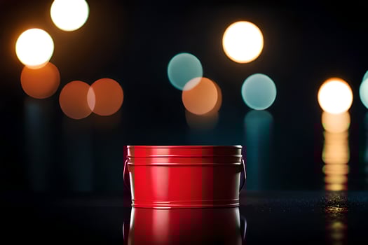 a red bucket sitting on a table with lights in the background. AI-Generated photo