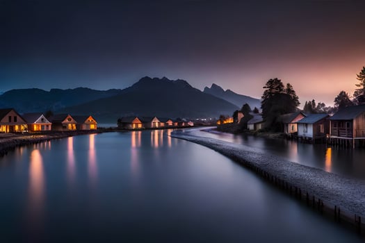 photo wallpaper the sky, mountains, water, lake, houses, the dark, the mountains,. AI-Generated