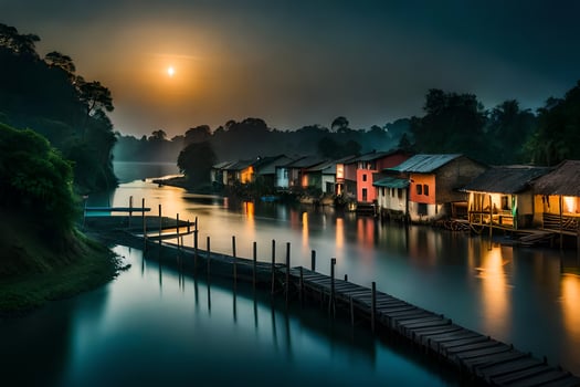 photo wallpaper the sky, water, river, house, the moon, the river, the moon. AI-Generated