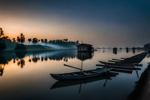 a boat sits on the shore of a lake at sunrise. AI-Generated photo