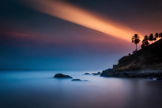 a long exposure photograph of a beach at sunset. AI-Generated photo