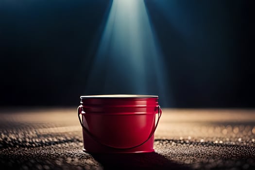 a red bucket on a dark floor with a spotlight shining down. AI-Generated photo