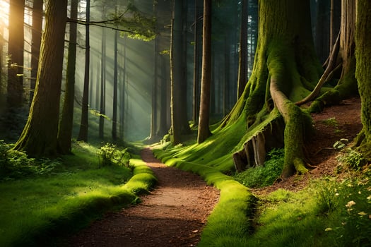 a path through a forest with trees and grass. AI-Generated photo