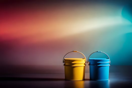 two colorful buckets sit on a table in front of a colorful background. AI-Generated photo