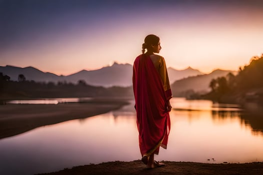 a woman in a red robe stands by the water at sunset. AI-Generated photo