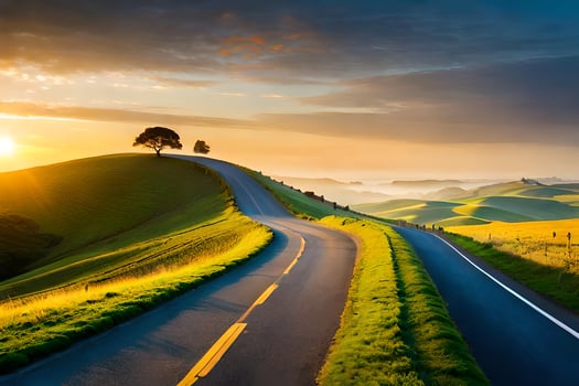 a scenic road in the countryside with a tree and grass. AI-Generated photo