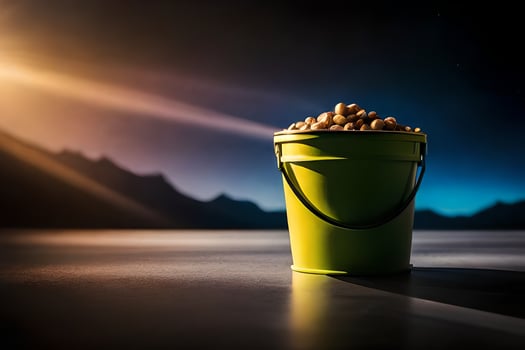 a bucket of peanuts on a table. AI-Generated photo