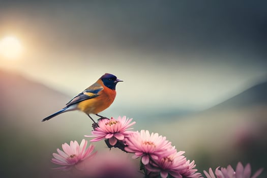 a bird is perched on top of some pink flowers. AI-Generated photo