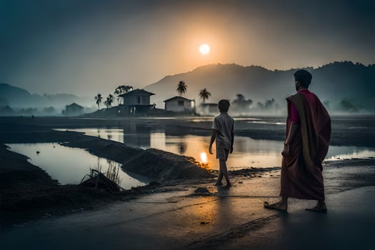 two monks walking along a road at sunset. AI-Generated photo
