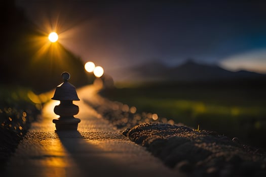 a stone statue stands on a road at night. AI-Generated photo