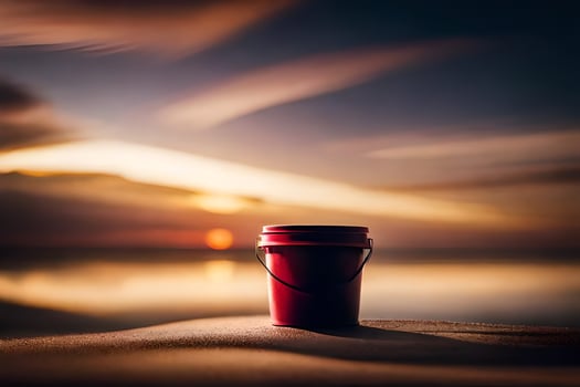 a red bucket sits on the sand at sunset. AI-Generated photo