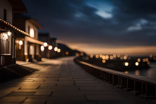 a long walkway with lights on the side. AI-Generated photo