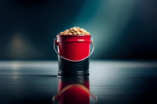 a red bucket filled with peanuts on a table. AI-Generated photo
