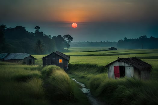 a small hut in the middle of a field with a sun setting behind it. AI-Generated photo