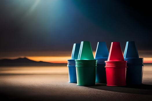 four colorful plastic cups are lined up on a table. AI-Generated photo