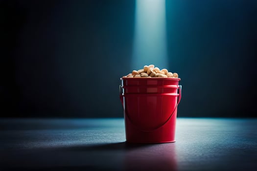 a red bucket filled with popcorn on a dark table. AI-Generated photo