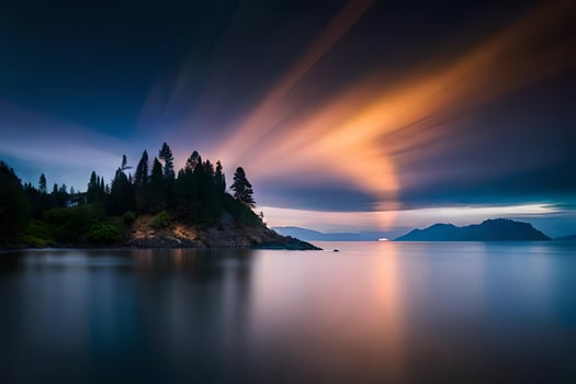 a long exposure photograph of a sunset over a lake. AI-Generated photo