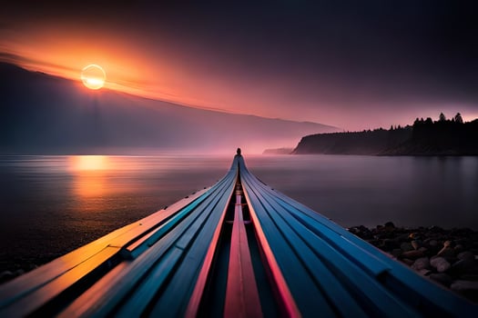 a long wooden boat is sitting on the shore at sunset. AI-Generated photo