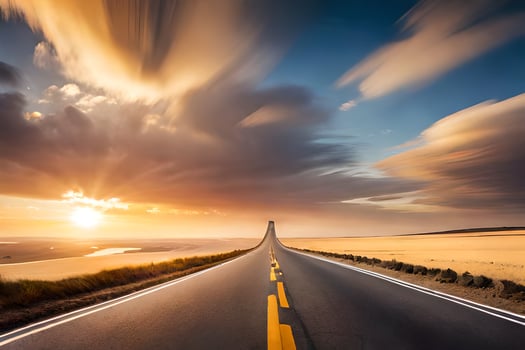 a long road with a sunset in the background. AI-Generated photo