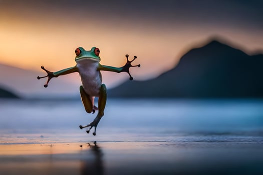 a frog jumping in the air at sunset. AI-Generated photo